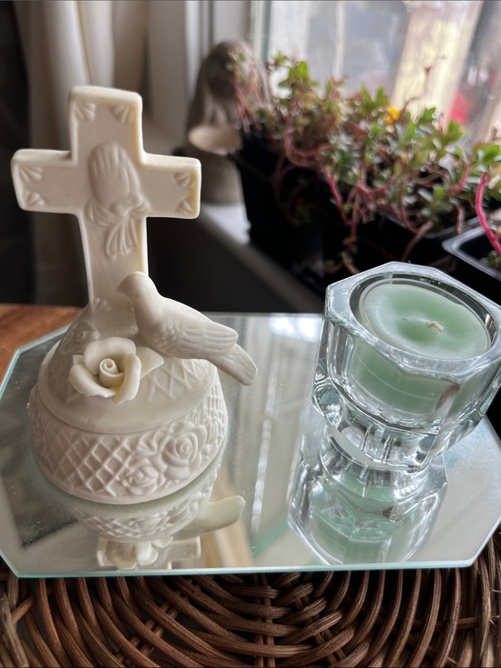 Other - Ivory Ceramic Cross Trinket Box with Dove and Rose